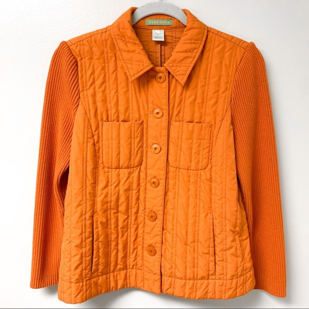 Sigrid Olsen Quilted Vest Sweater Jacket w/ Buttons in Orange Size Medium Petite